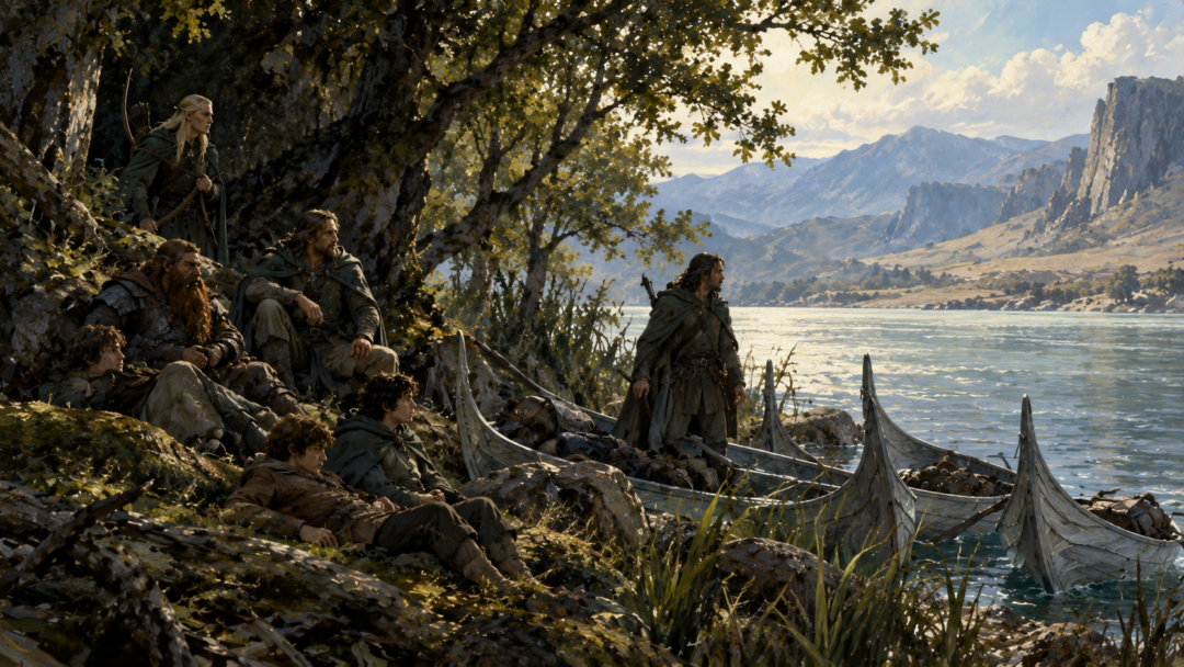 Aragorn watches the Anduin while the Fellowship rests beside three concealed Elven boats under riverside trees.