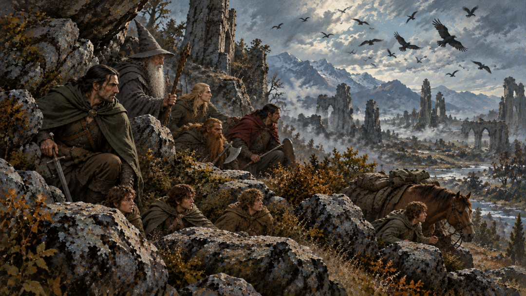 Aragorn watches black crebain flying over Hollin as the Fellowship and Bill the pony hide among rocks and bushes.
