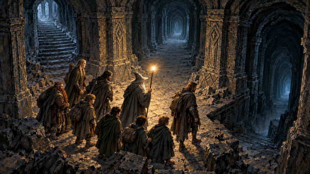 Gandalf studies three dark passages at the first overnight halt in Moria while the exhausted Fellowship waits behind him.