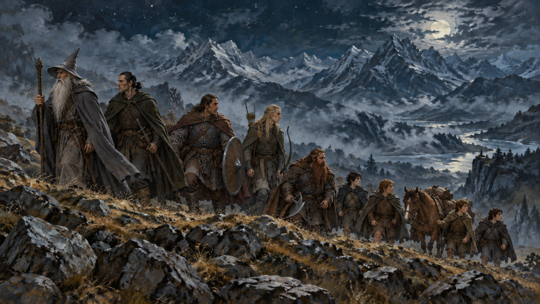 The nine members of the Fellowship travel under the winter stars with Bill the pony across the wild lands south of Rivendell.
