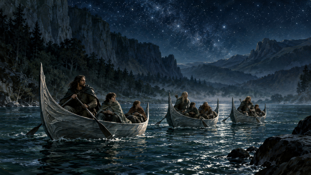 The Fellowship travels in three Elven boats along the dark River Anduin beneath a star-filled night sky.