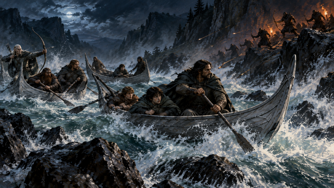 The Fellowship struggles to turn its boats away from the Sarn Gebir rapids as Orc archers attack from the eastern bank.