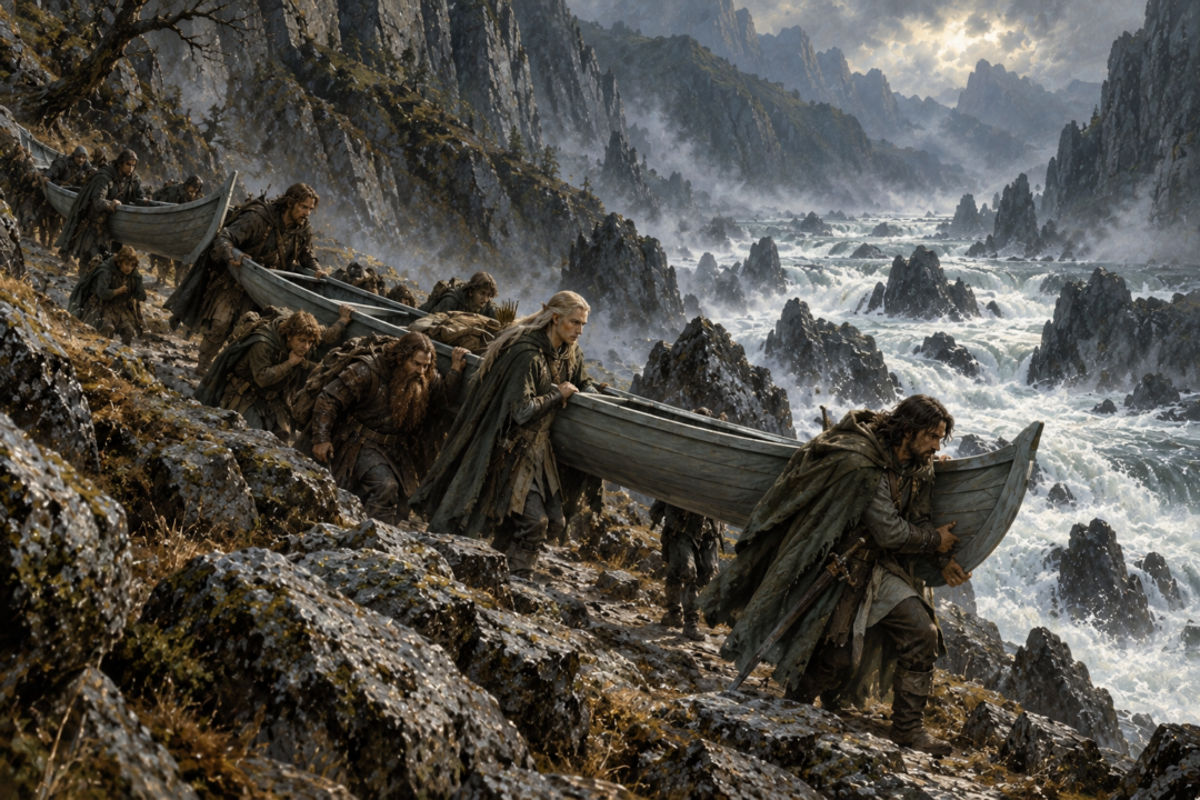 The Fellowship carrying their three light Elven boats along the western portage beside the violent rapids of Sarn Gebir.
