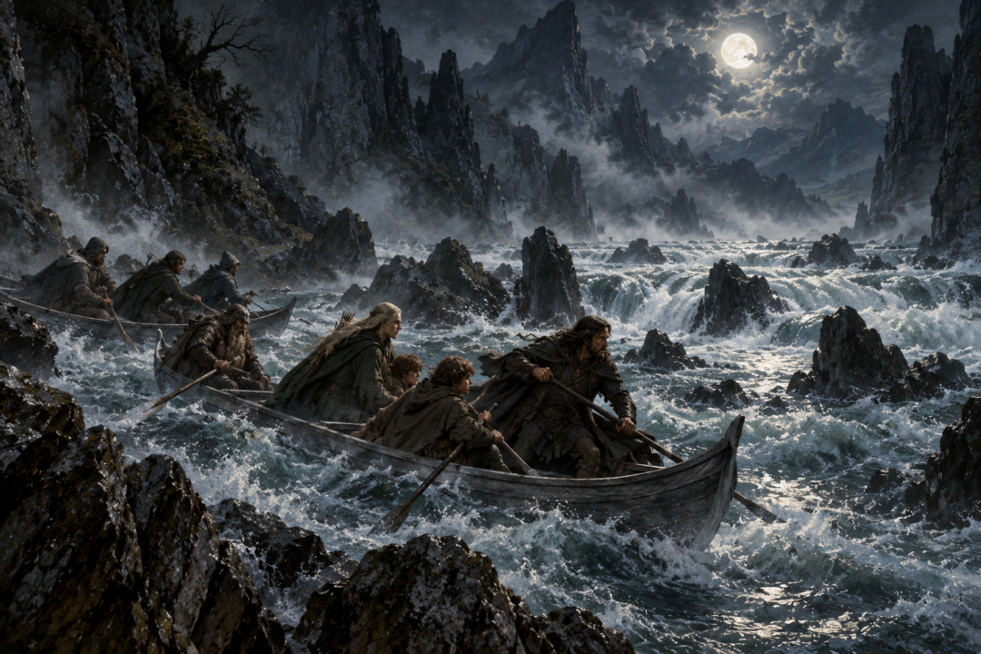 The Fellowship struggling in their Elven boats as the Anduin carries them toward the dangerous rocks and rapids of Sarn Gebir at night.