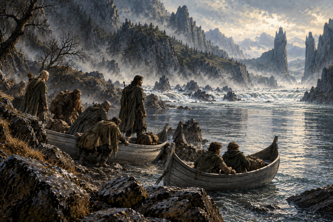 The Fellowship relaunching their grey Elven boats below Sarn Gebir after carrying them around the rapids.