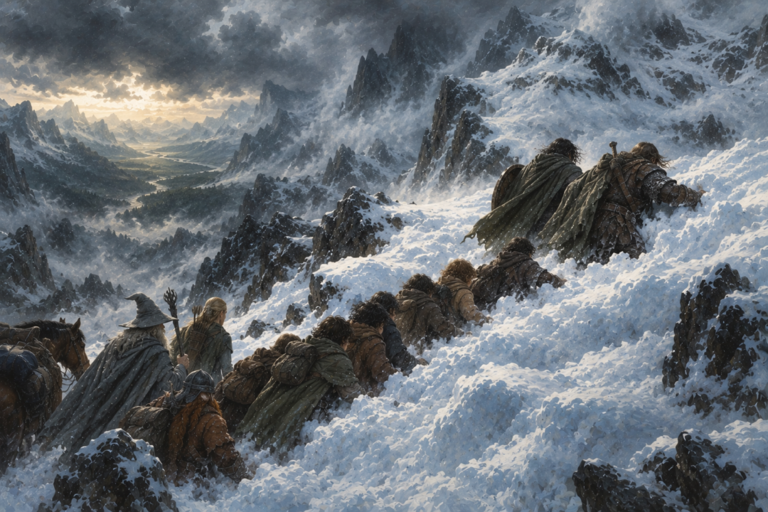 Aragorn and Boromir carve a descending path through the snow so the Fellowship can retreat from Caradhras.