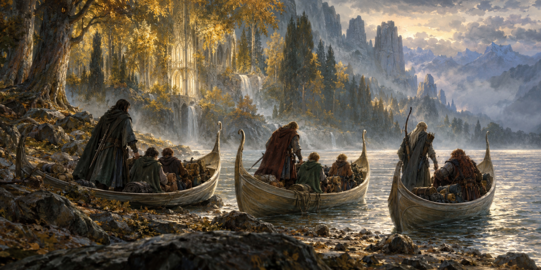 The eight surviving members of the Fellowship loading three Elven boats in unequal crews before leaving Lothlórien.