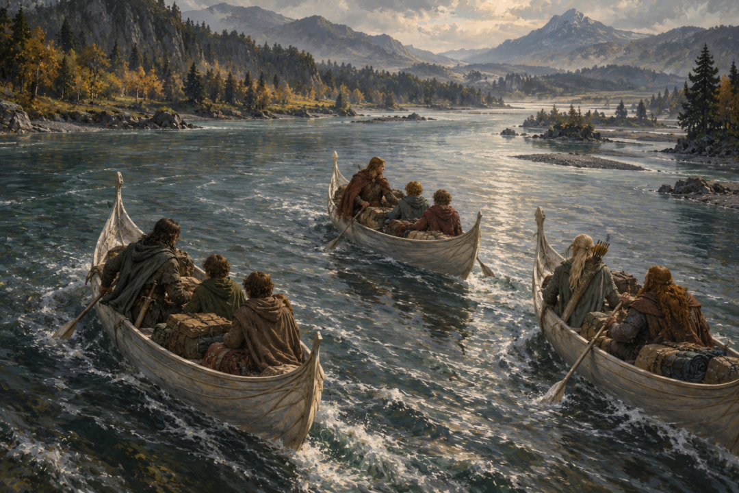 Three Elven boats carrying the Fellowship down the Anduin in crews of three, three, and two.
