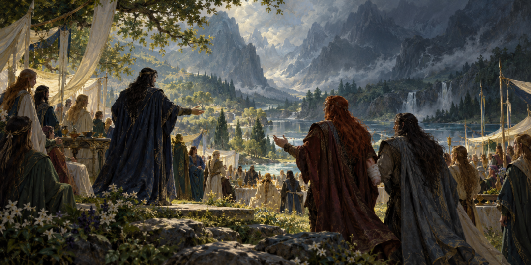 Fingolfin hosting the Feast of Reuniting near the Pools of Ivrin as Noldorin and Sindarin delegations gather