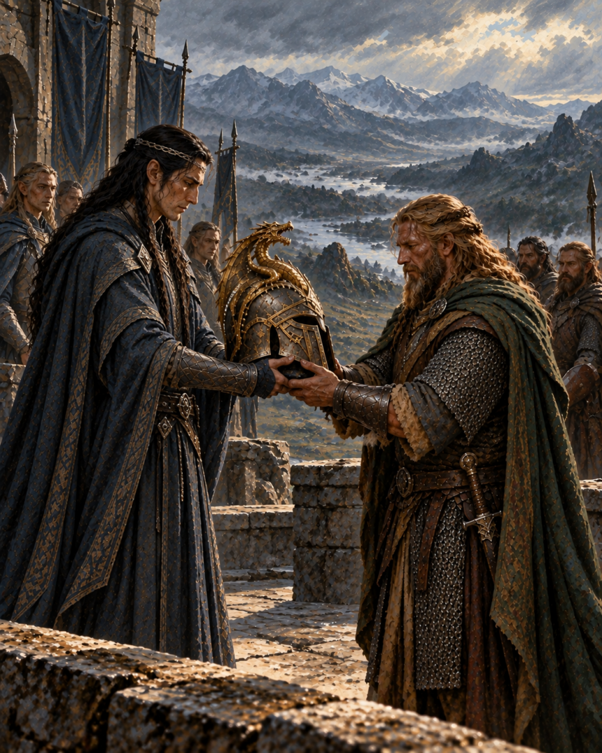 Fingon presents the Dragon-helm to Hador in recognition of his new lordship of Dor-lómin, surrounded by Elven and Edain attendants.
