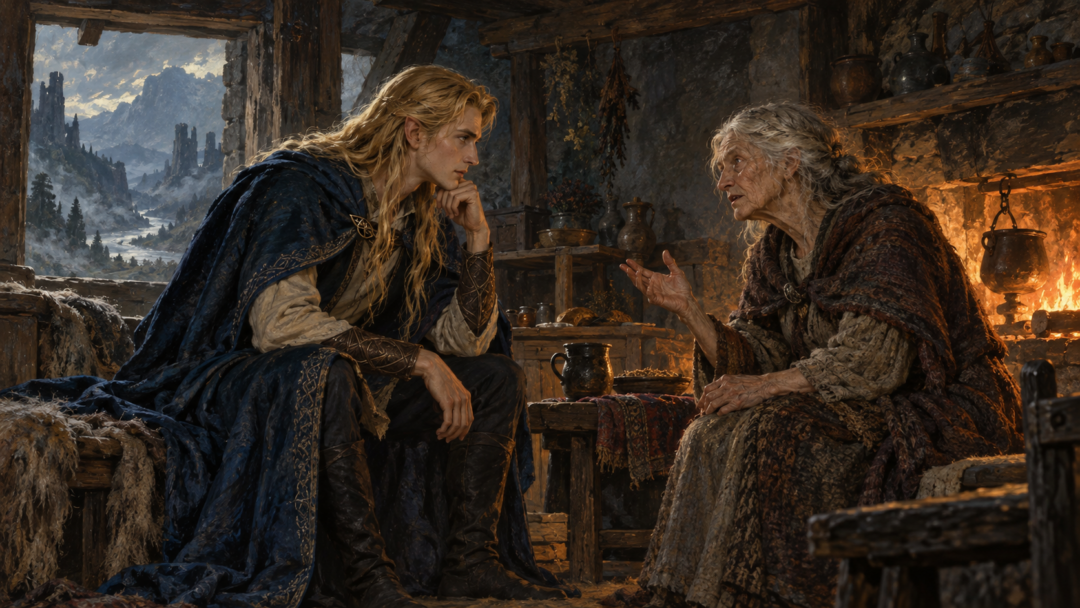 Finrod Felagund and the elderly Andreth seated in earnest discussion beside a hearth in a modest First Age dwelling in Beleriand.