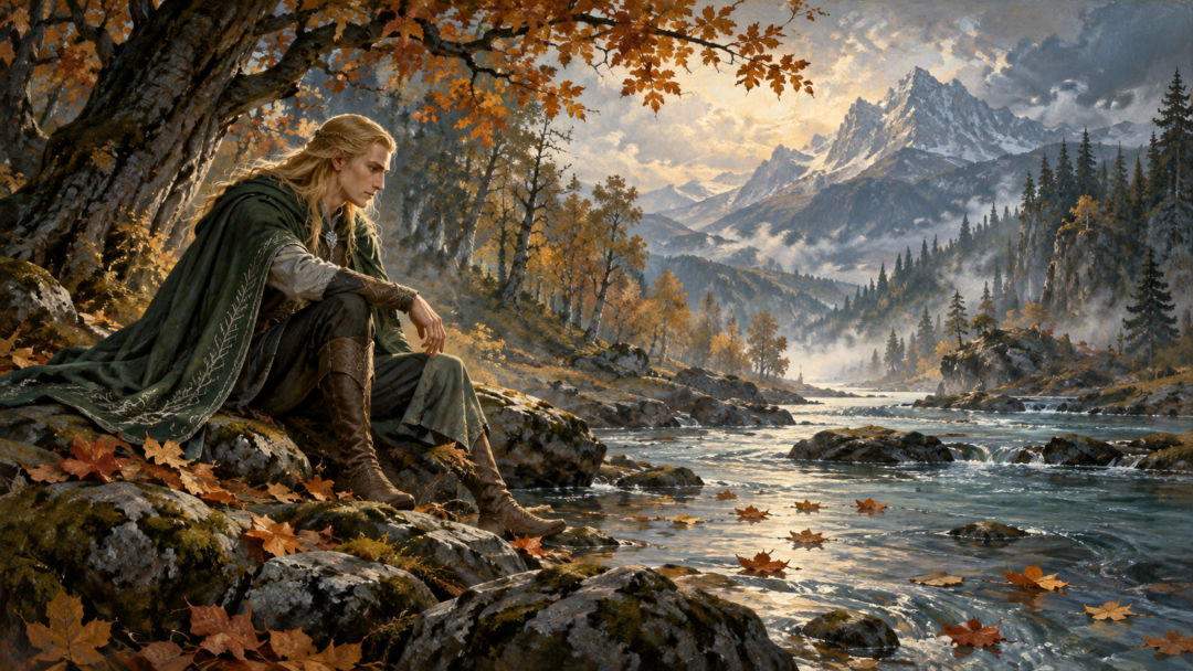 Golden-haired Finrod contemplating a flowing river beneath autumn trees in Beleriand, reflecting on the different destinies of Elves and Men.