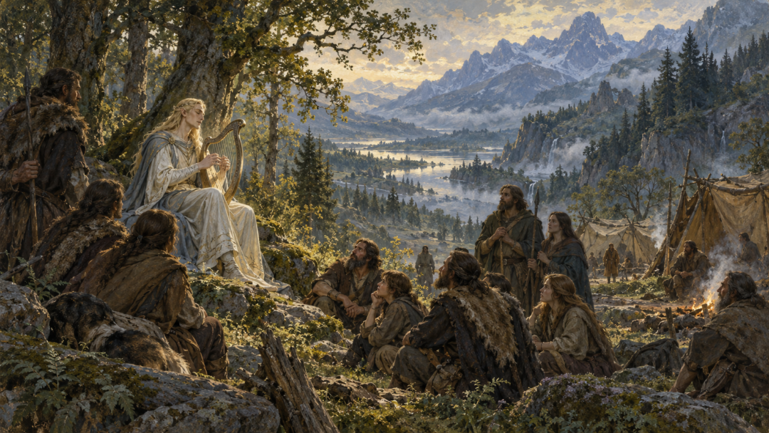 Finrod Felagund plays his harp for the people of Bëor in Beleriand, depicting an early encounter between Elves and other speaking people.