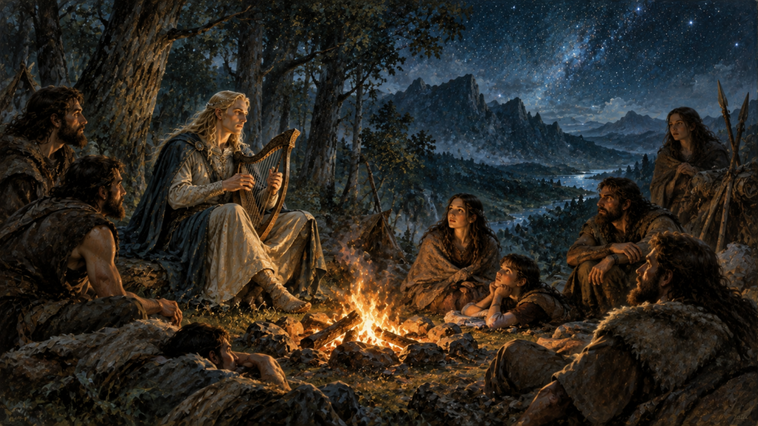 Finrod Felagund plays his harp beside a woodland campfire as the people of Bëor encounter an Elven lord in Beleriand.