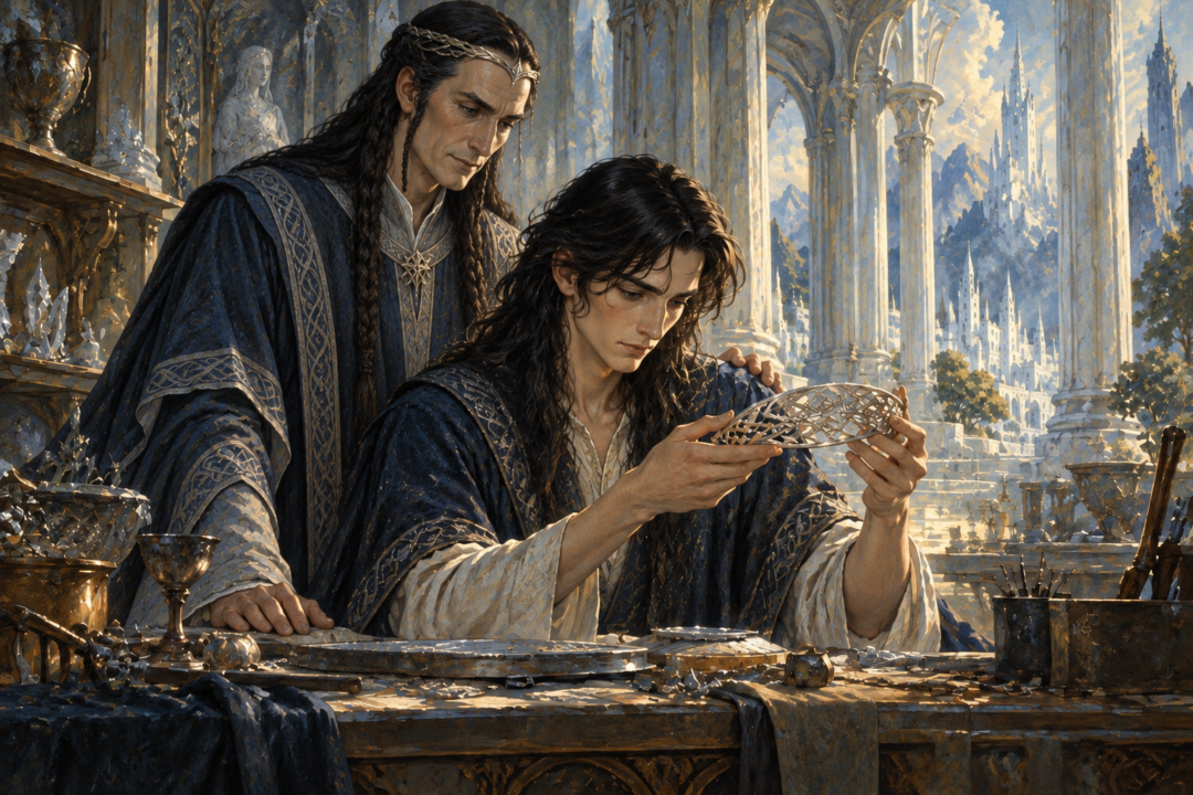 Finwë standing beside the young Fëanor in Tirion as his son studies fine metalwork, symbolizing his father-name Curufinwë.