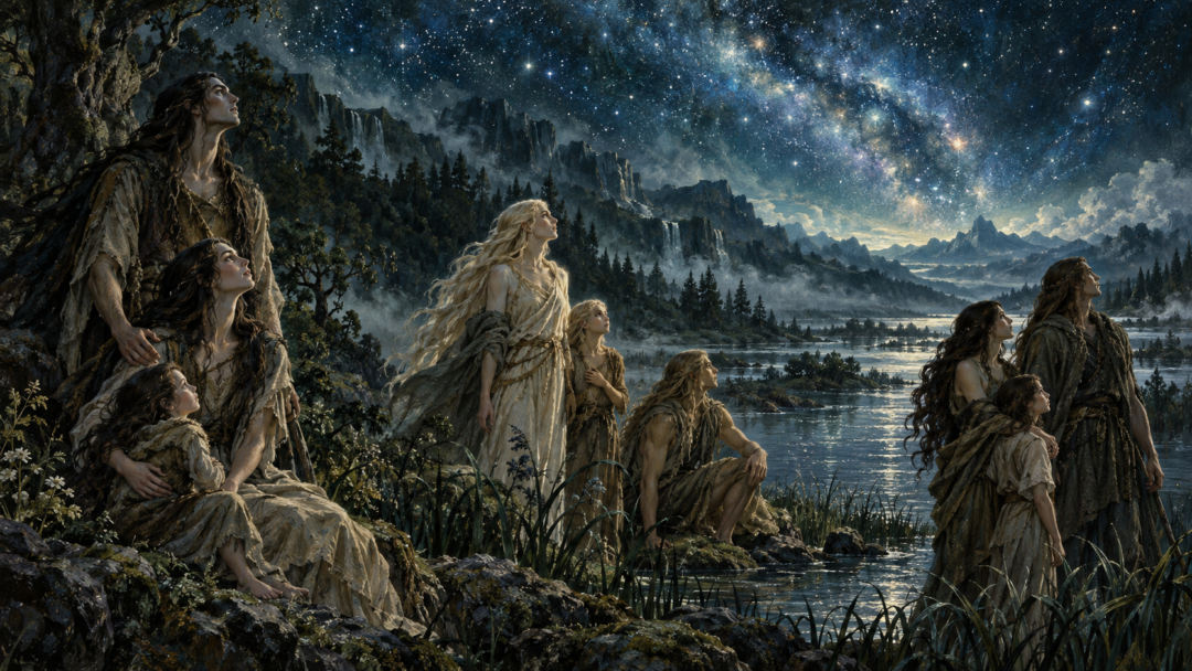 The first Elves awakening beside the waters of Cuiviénen beneath the stars, representing the beginnings of the Minyar, Tatyar, and Nelyar.