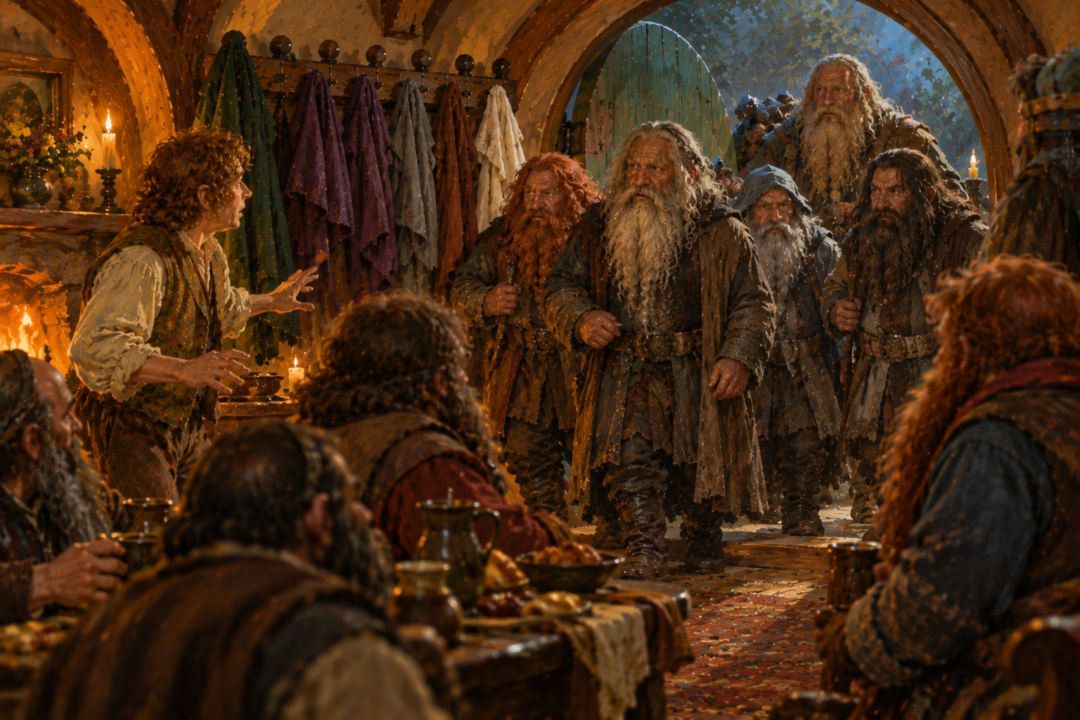 Five Dwarves entering crowded Bag End with purple, grey, brown and white hoods hanging on the pegs.