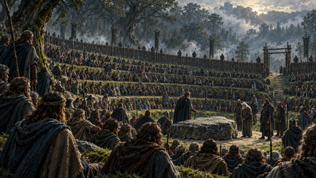 Hundreds of Haladin headmen gather in the seven-tiered Folkmoot of Brethil as Húrin faces judgment before the Angbor stone.