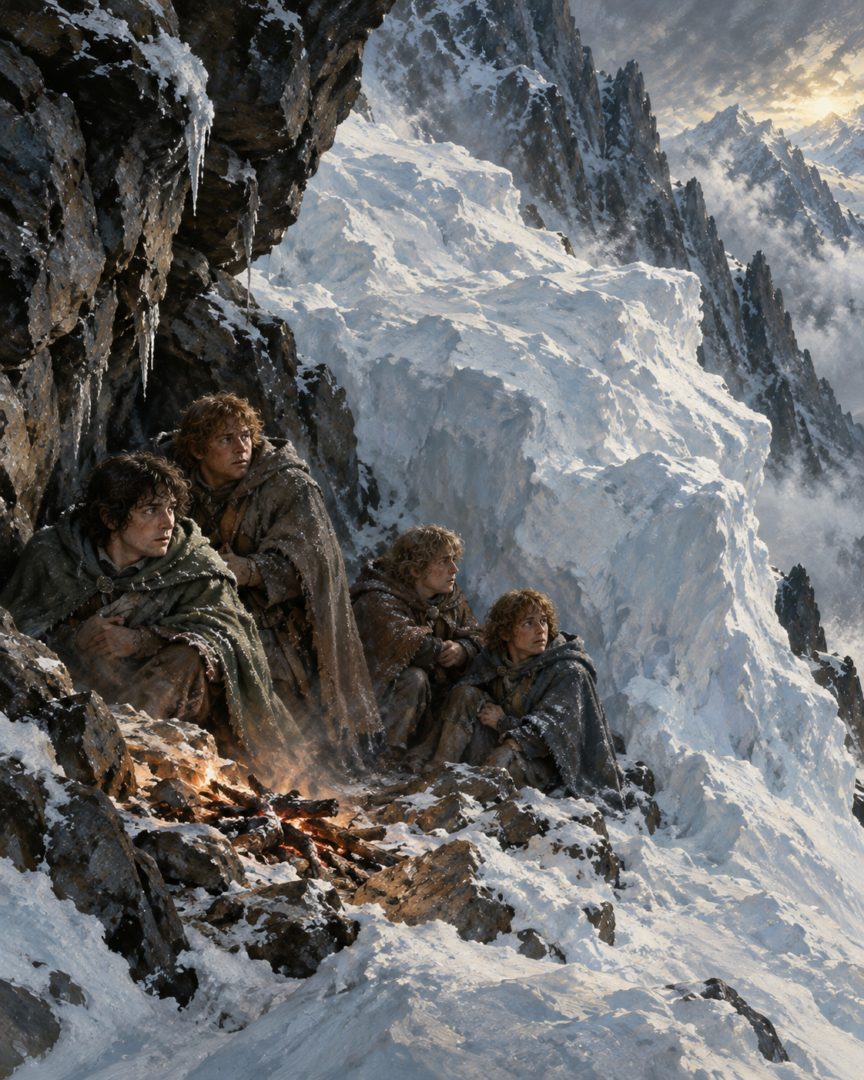 Frodo, Sam, Merry, and Pippin stand beside a rocky shelter as snowdrifts taller than the hobbits block their retreat from Caradhras.