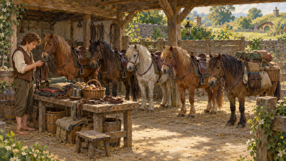 Illustration showing four ponies prepared for hobbit riders and a fifth fitted with baggage packs among neatly organized travelling supplies.
