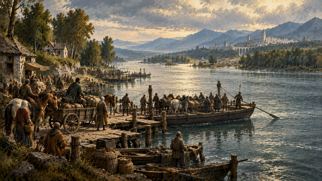 Farmers, travellers, animals, and goods gathered at a peaceful Anduin ferry landing in the early Fourth Age