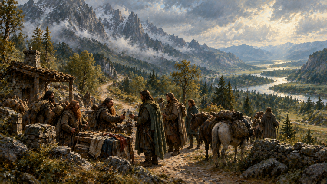 Dwarven craftsmen and human travellers meet beside a road in the Vales of Anduin, with the Misty Mountains rising in the distance.
