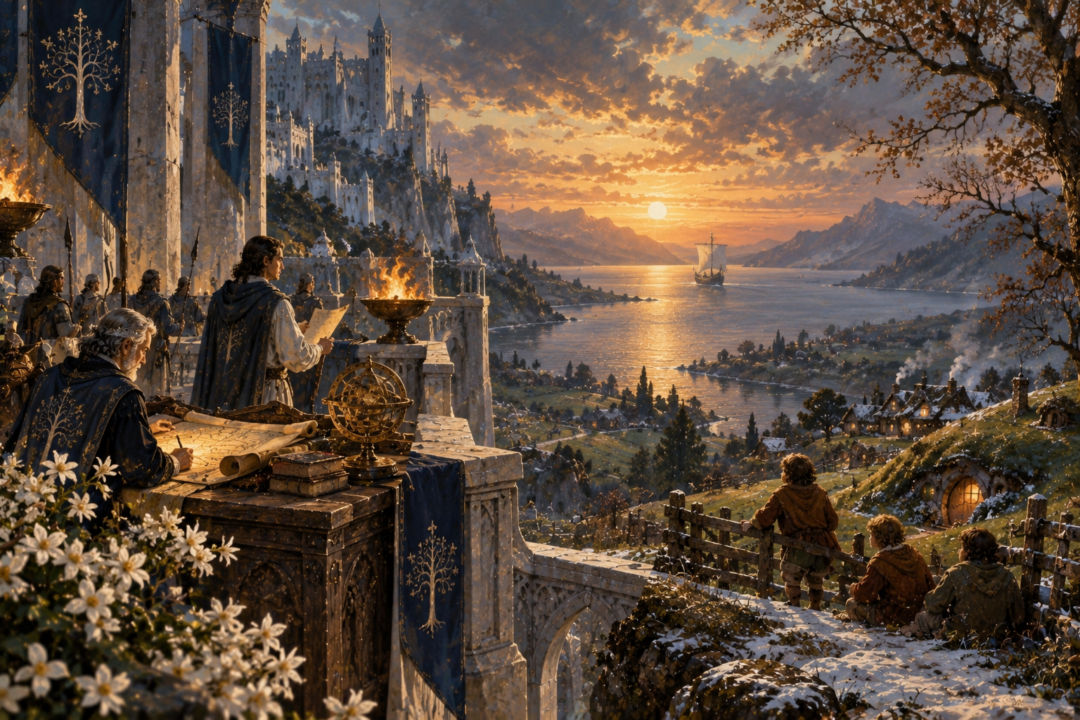 Gondor and the Shire using different year boundaries as a grey ship sails west at the end of the Third Age