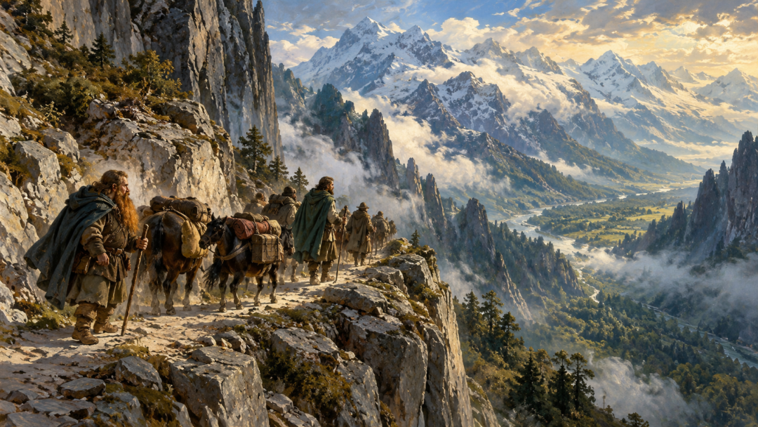 Dwarven and human travellers guide pack ponies along the High Pass through the Misty Mountains in an imagined peaceful Fourth Age.