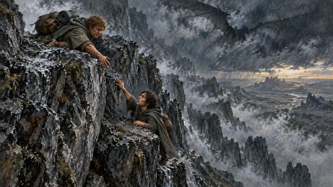Frodo clings to a narrow rocky ledge below Sam as rain and dark storm clouds gather over the cliffs of the Emyn Muil.
