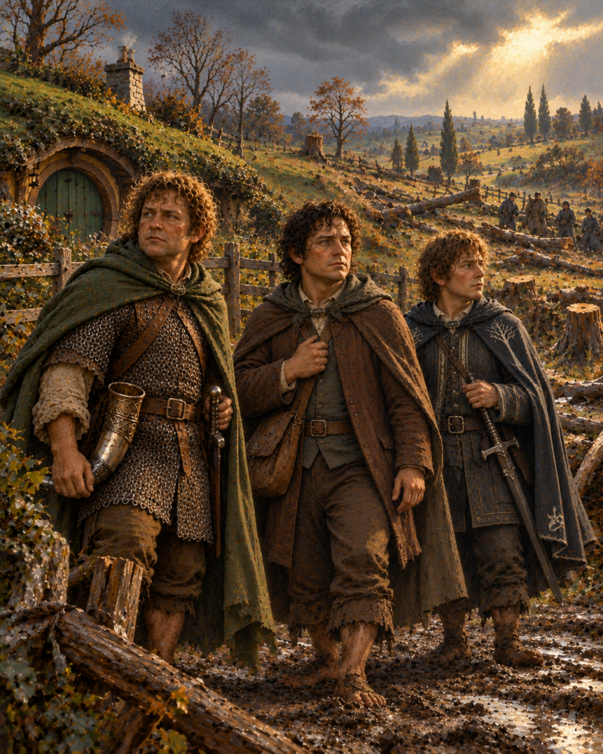 Frodo, Merry, and Pippin stand in the damaged Shire, with Merry and Pippin wearing equipment from their service in Rohan and Gondor.