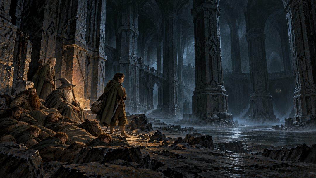 Frodo watches two faint pale lights in the darkness of Moria's great pillared hall while his companions sleep nearby.