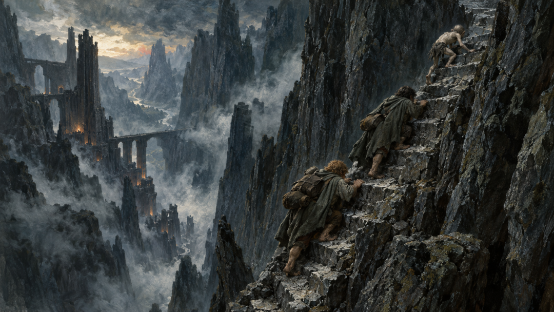 Frodo and Sam struggle upward on the steep, broken steps of the Straight Stair, using their hands to climb between towering rock walls.