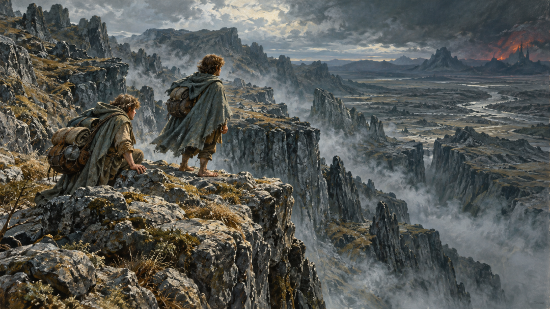 Frodo and Sam stand above the steep eastern cliffs of the Emyn Muil, searching for a way down toward Mordor with provisions in their packs.
