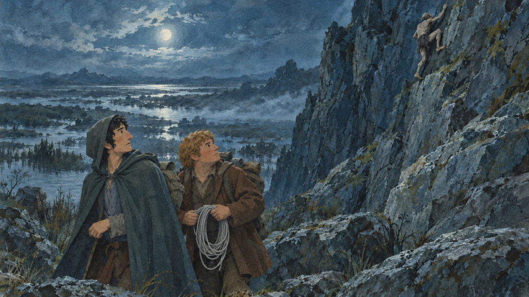 Frodo and Sam stand beneath the cliffs with their recovered Elven rope as Gollum climbs down the distant rock face behind them.