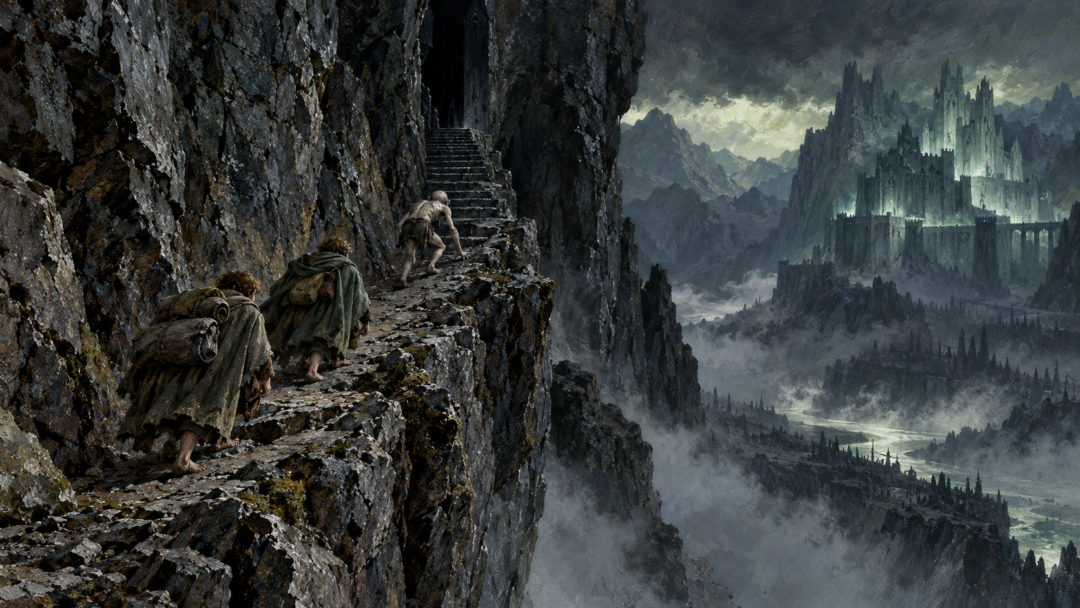 Frodo and Sam follow Gollum along a rocky ledge toward the Straight Stair above the shadowed valley of Minas Morgul.