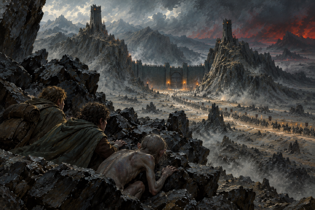 Frodo, Sam and Gollum hiding in the blasted landscape while observing the heavily guarded Morannon