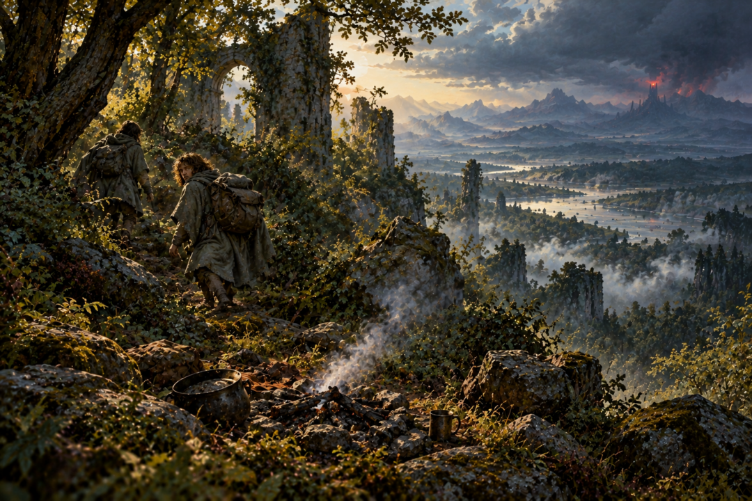 Frodo and Sam leave their extinguished campsite as faint smoke disperses above the wooded landscape of Ithilien.
