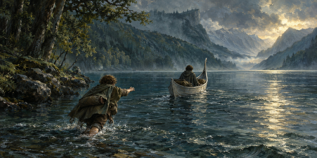 Frodo departing Parth Galen in an Elven boat as Sam wades into Nen Hithoel to follow him.