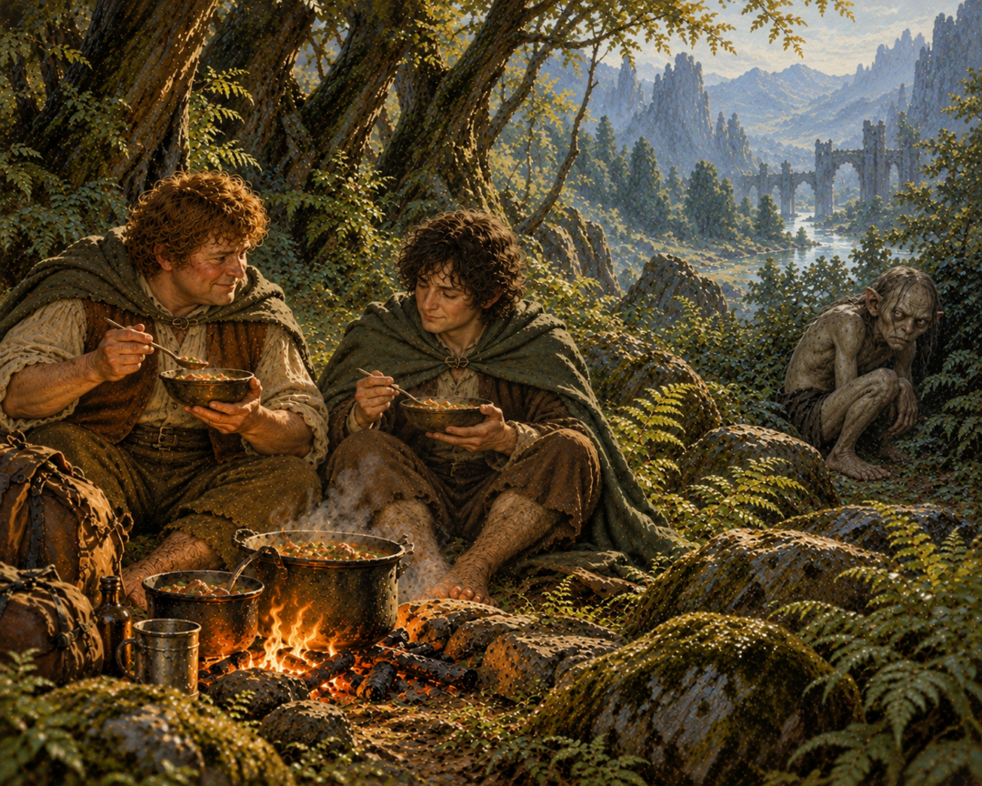 Frodo and Sam share warm rabbit stew beside their campfire while Gollum remains apart among the shadowed ferns of Ithilien.