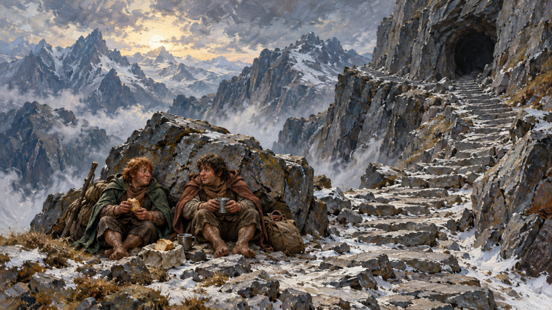Frodo and Sam share a quiet rest and a little food in a rocky crevice after climbing the Winding Stair, with a dark mountain passage ahead.