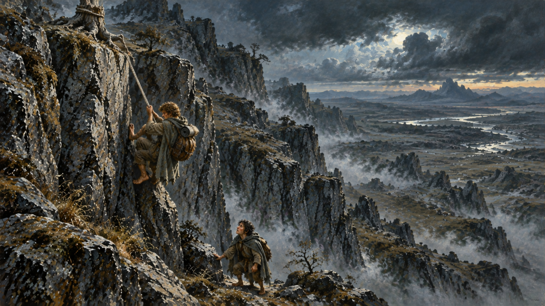Sam descends the eastern cliffs of the Emyn Muil using an Elven rope tied to an old stump while Frodo waits safely below.