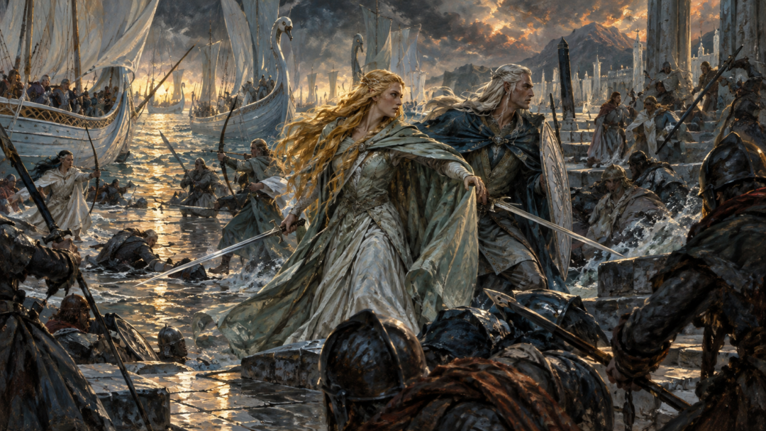 Galadriel and the Telerin prince Celeborn defend the harbor of Alqualondë during the attack by Fëanor's followers, as imagined in a late version of their history.