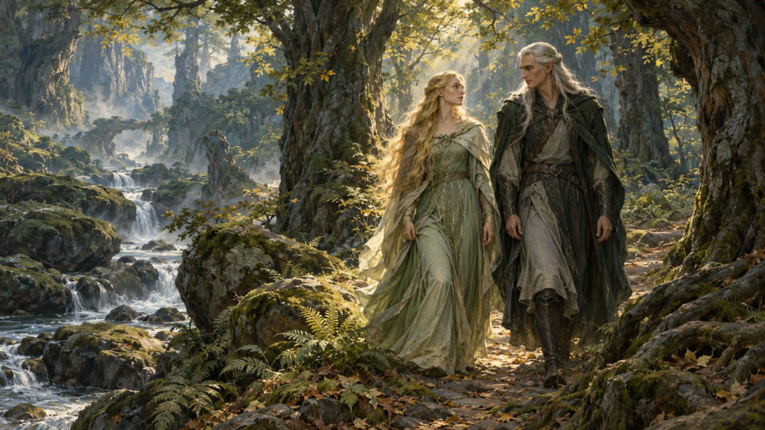 Galadriel and the silver-haired Sindarin Elf Celeborn walk among the ancient trees of Doriath in the First Age.