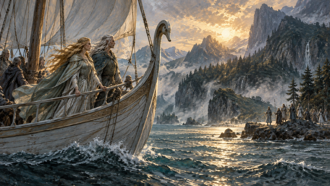 Galadriel and Celeborn arrive on the coast of Beleriand aboard a Telerin ship, following the independent sailing described in the late 1973 conception.
