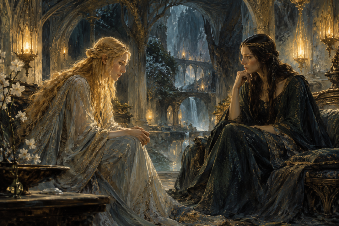 Galadriel and Melian speaking privately in Menegroth as Melian questions the hidden history of the Noldor.