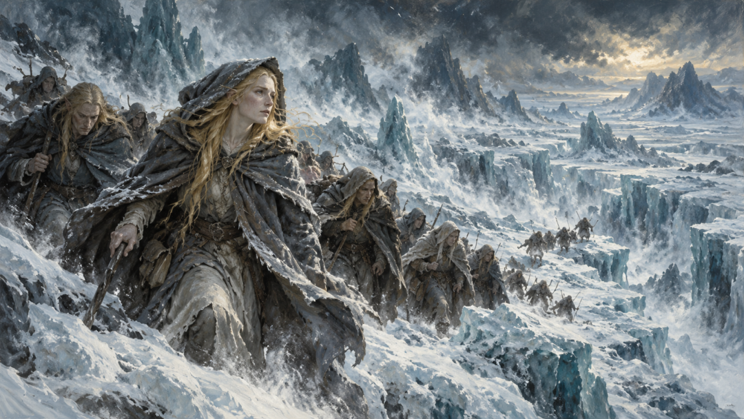 Galadriel travels with the exiled Noldor across the frozen Helcaraxë beneath a cold northern sky.
