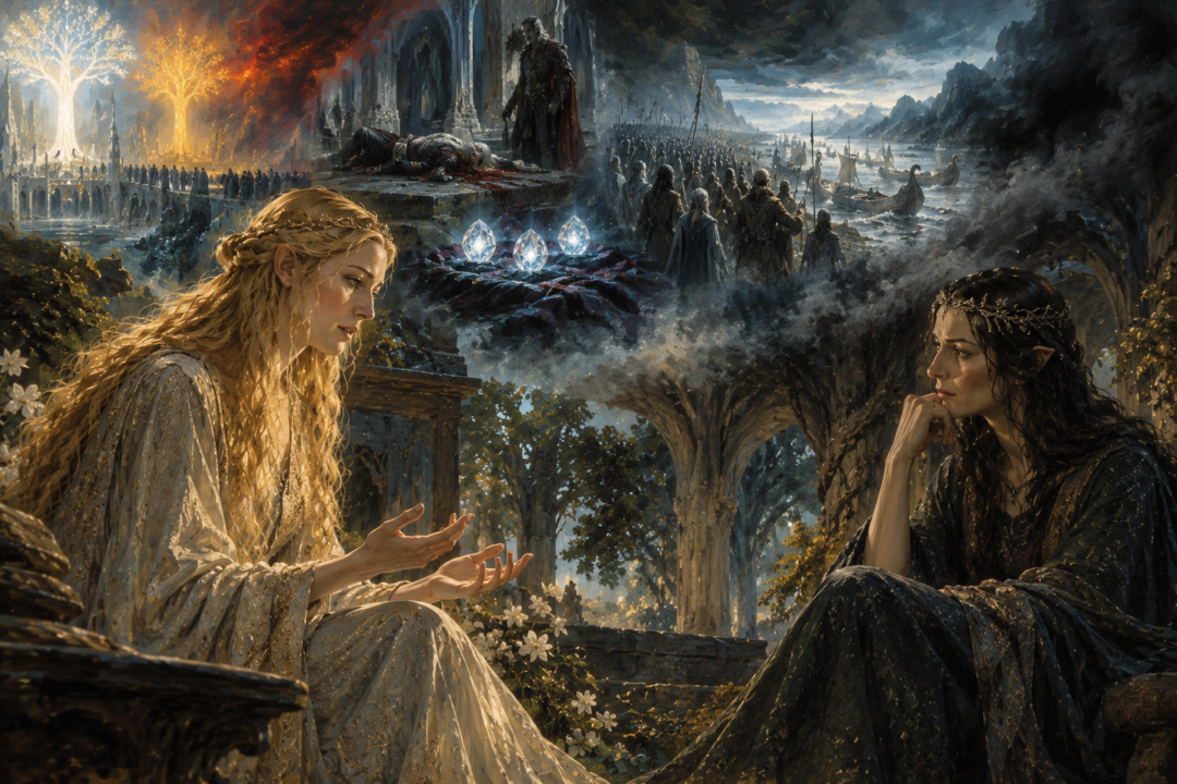 Galadriel recounting the rebellion of the Noldor while memories of Aman disappear into concealing shadow.