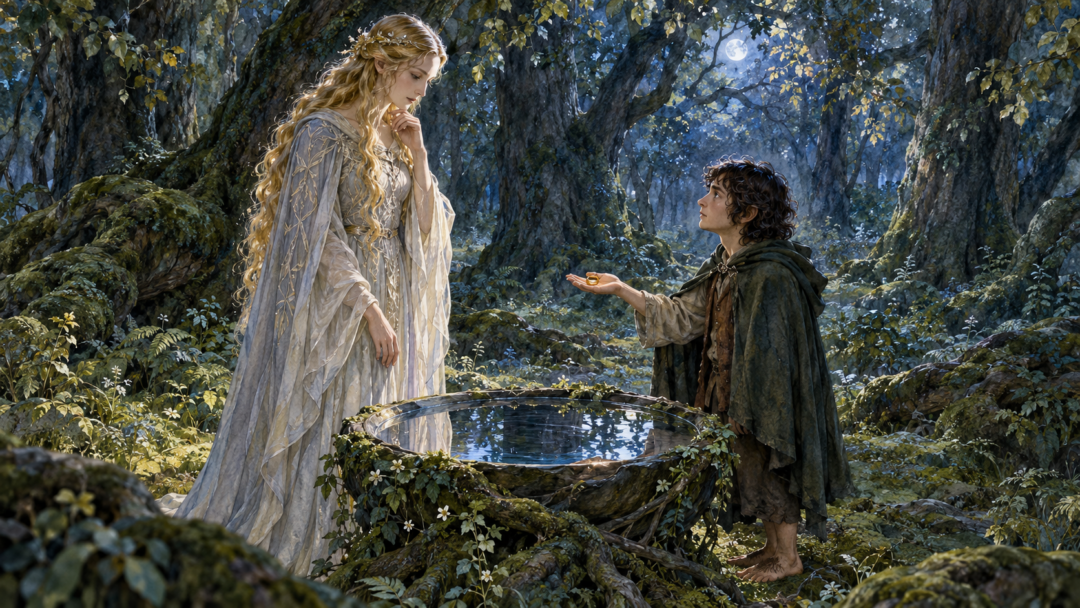 Galadriel stands before Frodo beside her mirror beneath the trees of Lothlórien as she confronts the temptation of the One Ring.