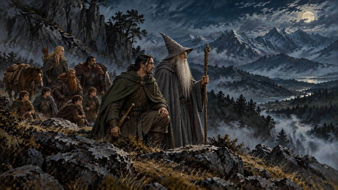 Gandalf and Aragorn study the route ahead while the Fellowship waits in the darkness near the Misty Mountains.