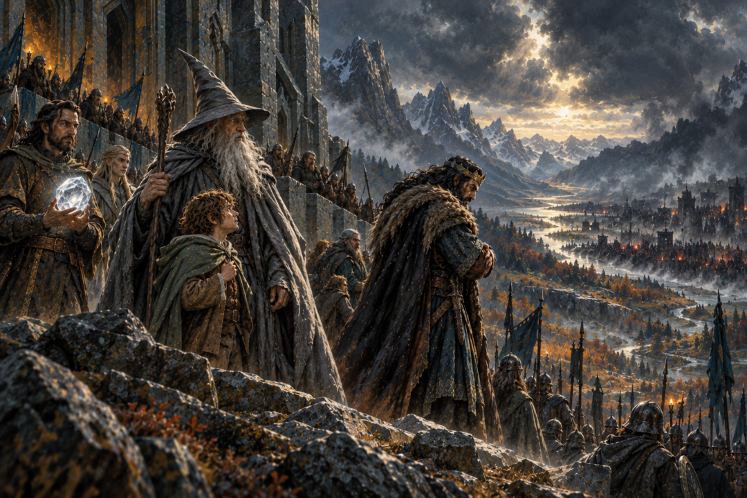Gandalf and Bilbo stand near the Arkenstone dispute as the approaching enemy threatens Dwarves, Elves, and Men.
